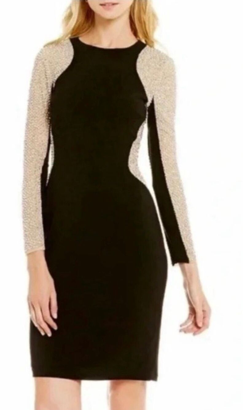 Xscape Dress Size 6 Black Nude Crystal Beaded Long Sleeve Sheath Cocktail Formal